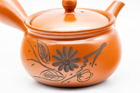 Japanese Kyusu - Engraved Chrysanthemum Tokoname-yaki Teapot with Mesh Strainer - 350ml - Tezumi