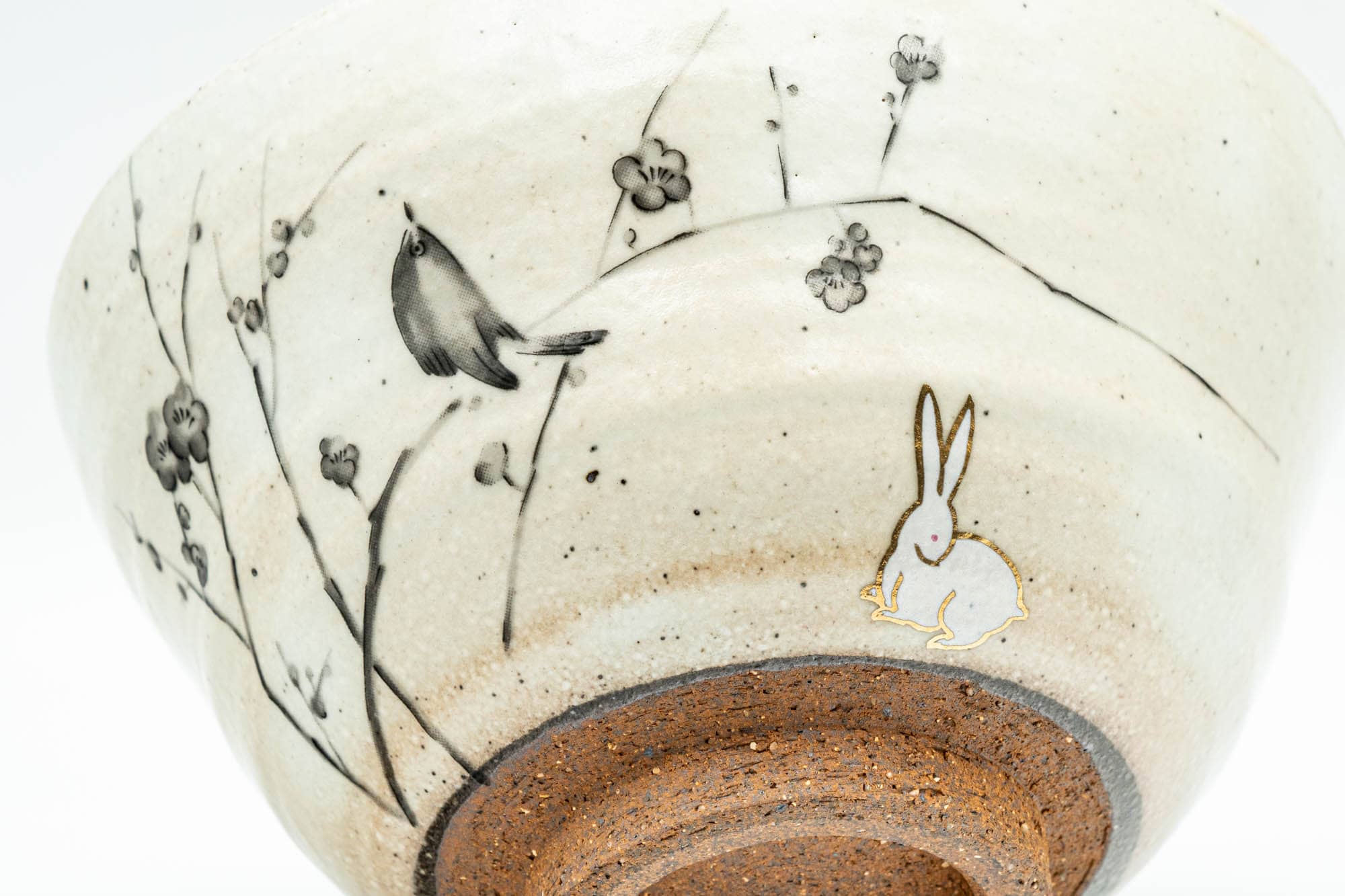 Japanese Matcha Bowl - Bunny Rabbit Plum Blossoms Milky White Glazed Chawan - 300ml - Tezumi