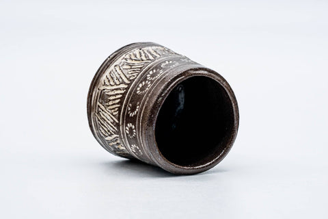 Japanese Teacup - Brown White Floral Mishima Glazed Kiyomizu-yaki Guinomi - 65ml