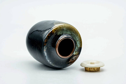 Japanese Chaire - Black Drip-Glazed Katatsuki Seto-yaki Tea Canister with Shifuku