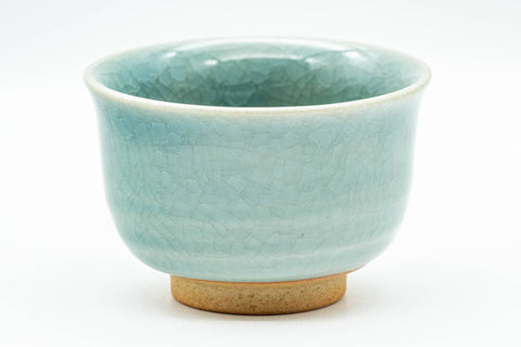 Japanese Teacups - Pair of Celadon Crazed Glazed Yunomi - 125ml - single cup front view showing the unglazed clay foot