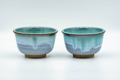 Japanese Teacups - Pair of Purple Turquoise Drip-Glazed Agano-yaki Yunomi - 100ml - Tezumi
