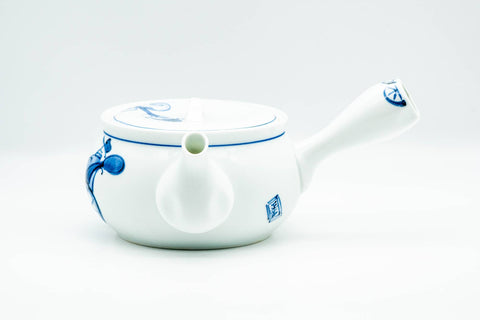 Japanese Kyusu - Blue Rickshaw Lamp Decorated White Porcelain Arita-yaki Debeso Teapot - 400ml