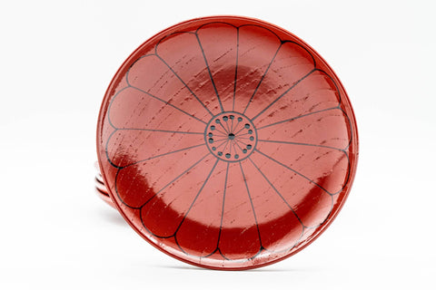 Japanese Chataku - Set of 5 Red Dyed Geometric Patterned Wood Tea Saucers with Wooden Box