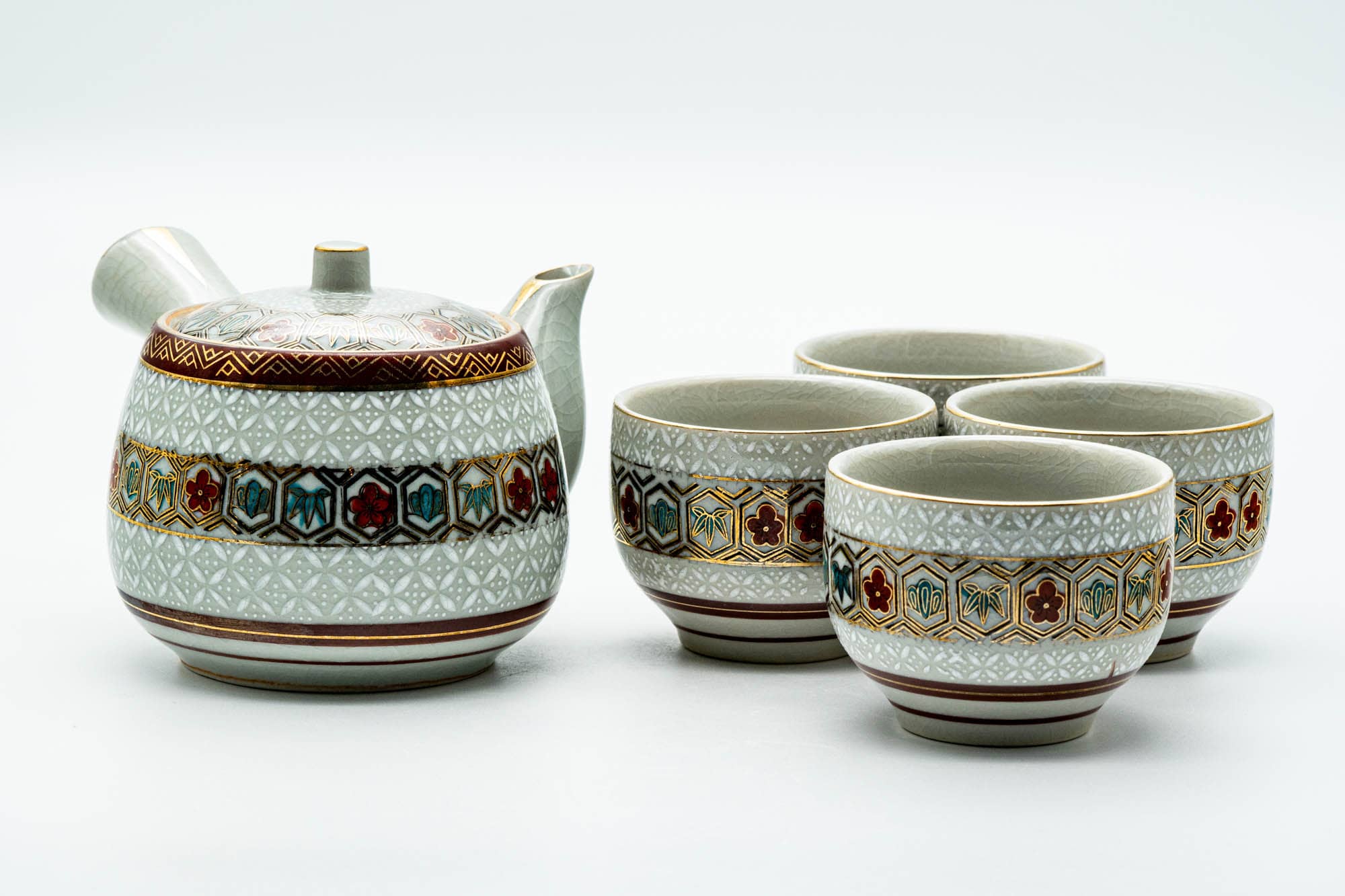 Japanese Tea Set - Gold White Floral Geometric Kutani-yaki Kyusu Teapot with 4 Yunomi Teacups