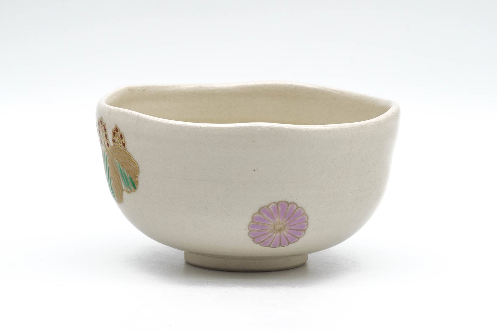 Japanese Matcha Bowl - Floral Beige Glazed Kyo-yaki Chawan - 250ml