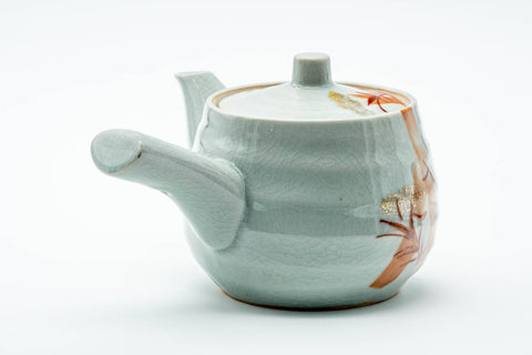 Japanese Kyusu - Red Bamboo Motif Kutani-yaki Porcelain Teapot - 370ml - three-quarter view from the spout side