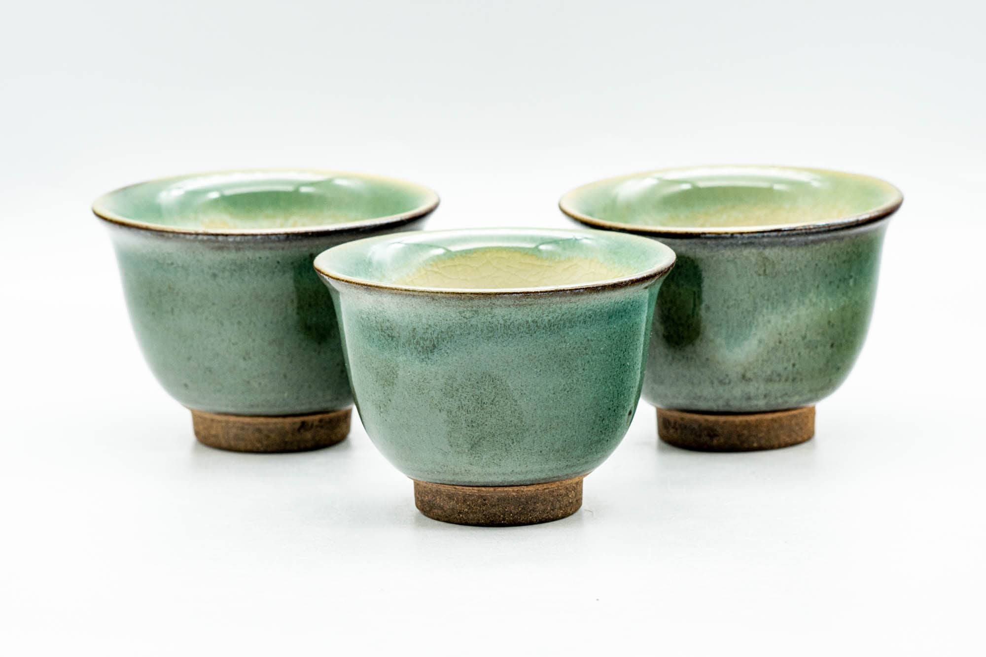 Japanese Teacups - Set of 3 Green Beige Inner-Glazed Agano-yaki Yunomi - 80ml
