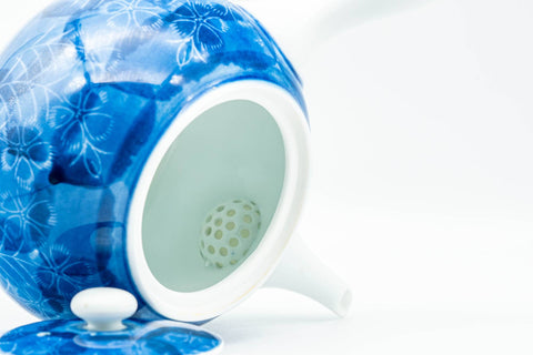 Japanese Kyusu - Blue Floral Porcelain Arita-yaki Debeso Teapot - lid removed to show the interior