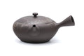 Mogake yakishime unglazed Tokoname kyusu teapot with side handle - three-quarter view, lid on, handle to the right