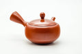 Japanese Kyusu - Classic Red Shudei Tokoname-yaki Mesh Teapot - 200ml - side profile with the spout to the left and the side handle extended to the right