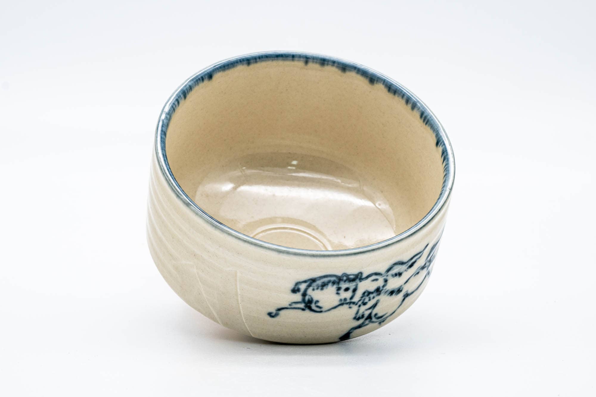 Japanese Matcha Bowl - Beige Blue Horses Hantsutsu-gata Chawan - 450ml