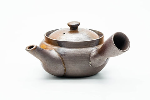 Japanese Kyusu - Ash Glazed Banko-yaki Mesh Teapot - 230ml - three-quarter view from the right, spout toward the camera