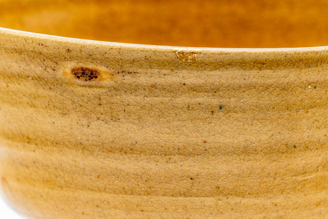Close-up of the bowl's rim and wall, showing the fine crackle in the yellow Ki-Seto glaze.