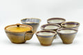 Japanese Tea Set - Green Purple Drip-Glazed Houhin Teapot with Katakuchi Water Cooler and 5 Yunomi Teacups - full drip-glazed set arranged together
