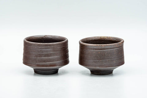 Tezumi — Japanese Teacups - Pair of Brown Spiraling Stoneware Guinomi - 40ml — front view