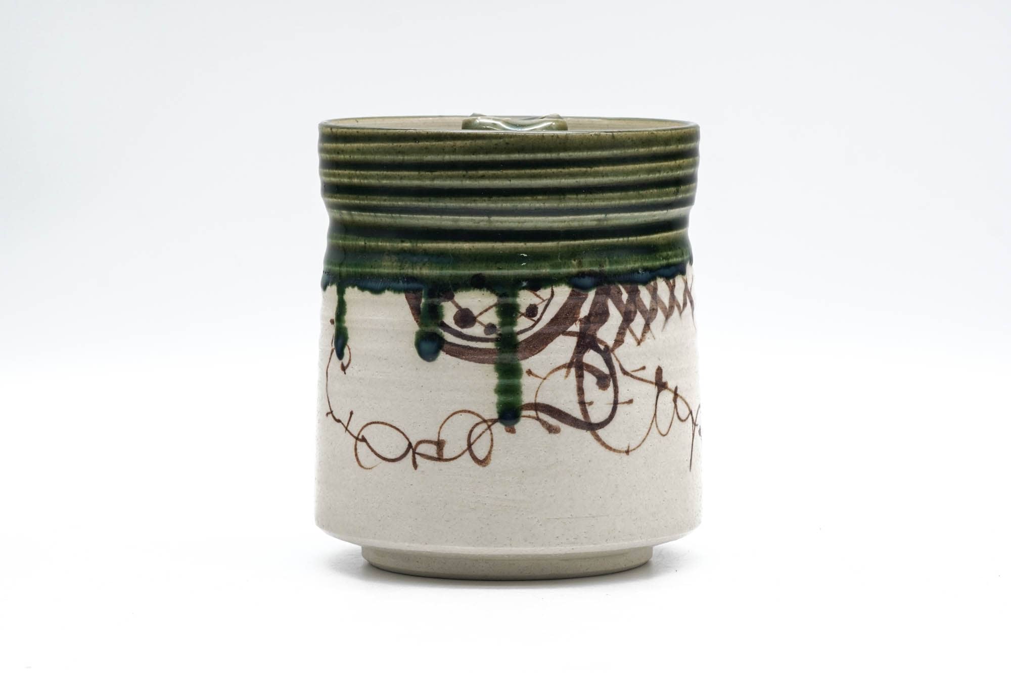 Japanese Mizusashi - Abstract Geometric Green Drip-Glazed Oribe-yaki Water Container - 750ml