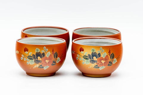 Japanese Tea Set - Floral Tokoname-yaki Kyusu Teapot with 4 Inner-Glazed Yunomi Teacups
