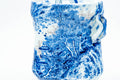 Japanese Mizusashi - Blue Kanji Mountainous Porcelain Fresh Water Container - 1100ml - angled view of the blue-and-white scene
