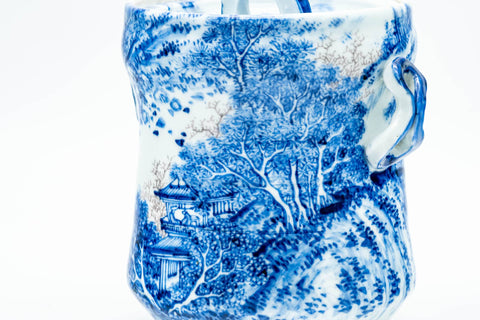 Japanese Mizusashi - Blue Kanji Mountainous Porcelain Fresh Water Container - 1100ml - angled view of the blue-and-white scene
