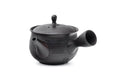 Spiraling benishibori Tokoname teapot, side view showing the handle