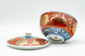 Japanese Teacup - Red, Blue, and Gold Floral Geometric Arita-yaki Lidded Yunomi - 160ml - view with the lid off showing its underside