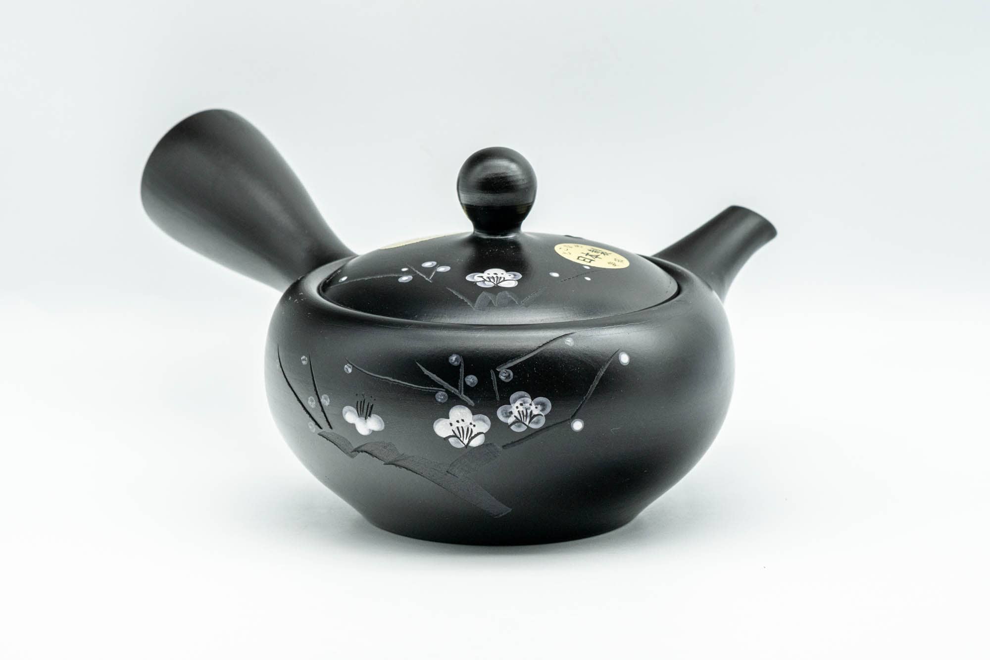 Japanese Kyusu - Floral Engraved Black Kurodei Tokoname-yaki Obi-ami Teapot - 300ml