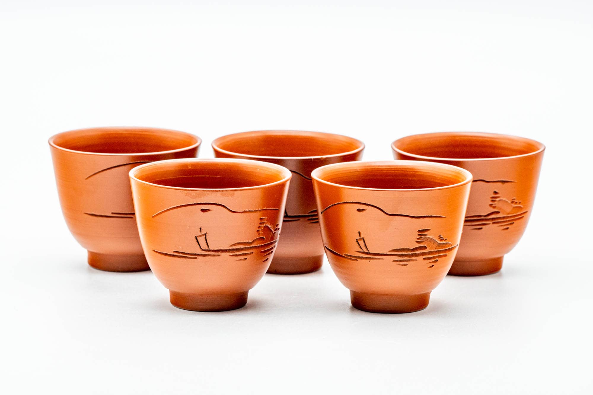 Japanese Tea Set - Engraved Red Shudei Tokoname-yaki Katakuchi Water Cooler with 5 Guinomi Teacups