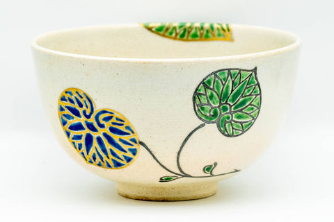 Japanese Matcha Bowl - Gold Green Leaves Kyo-yaki Chawan - 300ml