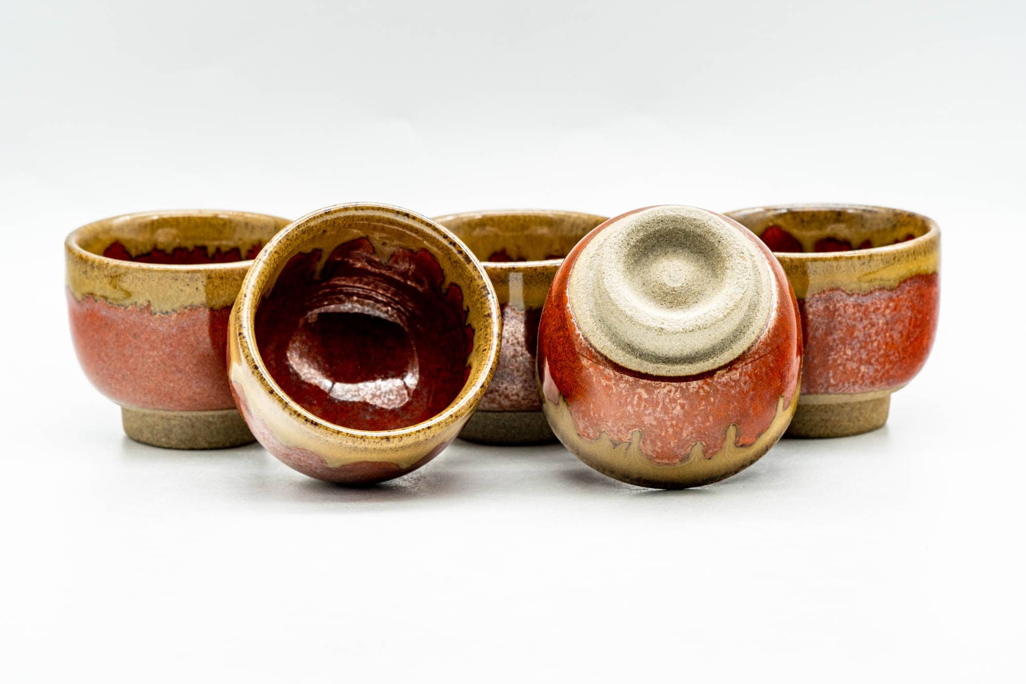 Japanese Teacups - Set of 5 Red Brown Drip-Glazed Guinomi - 35ml