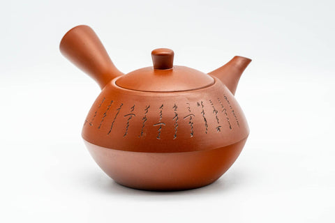 Tezumi — Japanese Kyusu - Calligraphy Engraved Tokoname-yaki Debeso Teapot - 280ml — side view with the lid and side handle