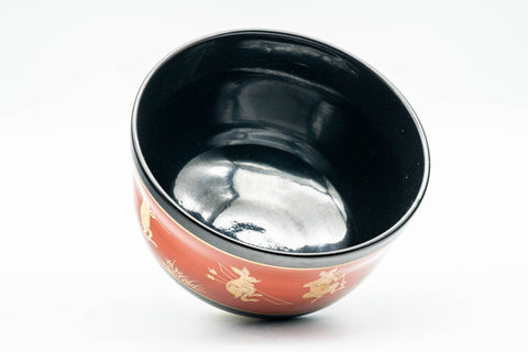 Japanese Matcha Bowl - Gold Bunny Rabbits Black Red Glazed Kyo-yaki Chawan - 350ml - Tezumi