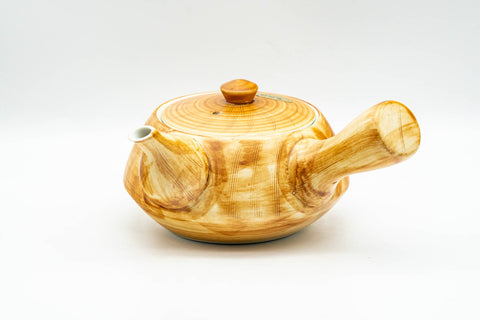 Japanese Tea Set - Yellow Blue Floral White Inner-Glazed Arita-yaki Kyusu Teapot with Katakuchi Water Cooler and 5 Yunomi Teacups