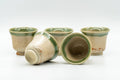 Japanese Teacups - Set of 5 Beige Green Glazed Guinomi - 40ml - the five cups grouped with some resting on their sides