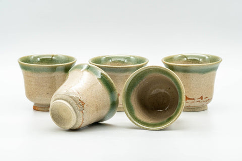 Japanese Teacups - Set of 5 Beige Green Glazed Guinomi - 40ml - the five cups grouped with some resting on their sides