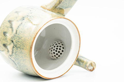 Tezumi — Japanese Kyusu - Green Yellow Drip-Glazed Debeso Teapot - 240ml — side profile showing the spout and handle
