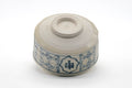 Tezumi — Japanese Matcha Bowl - White Blue Geometric Hantsutsu-gata Chawan - 400ml — tipped to show the interior