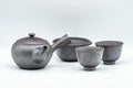 Japanese Tea Set - Engraved Banko-yaki Debeso Kyusu Teapot with Katakuchi Water Cooler and 2 White Inner-Glazed Yunomi Teacups - Tezumi