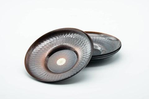 Japanese Chataku - Set of 5 Floral Hammered Copper Tea Saucers