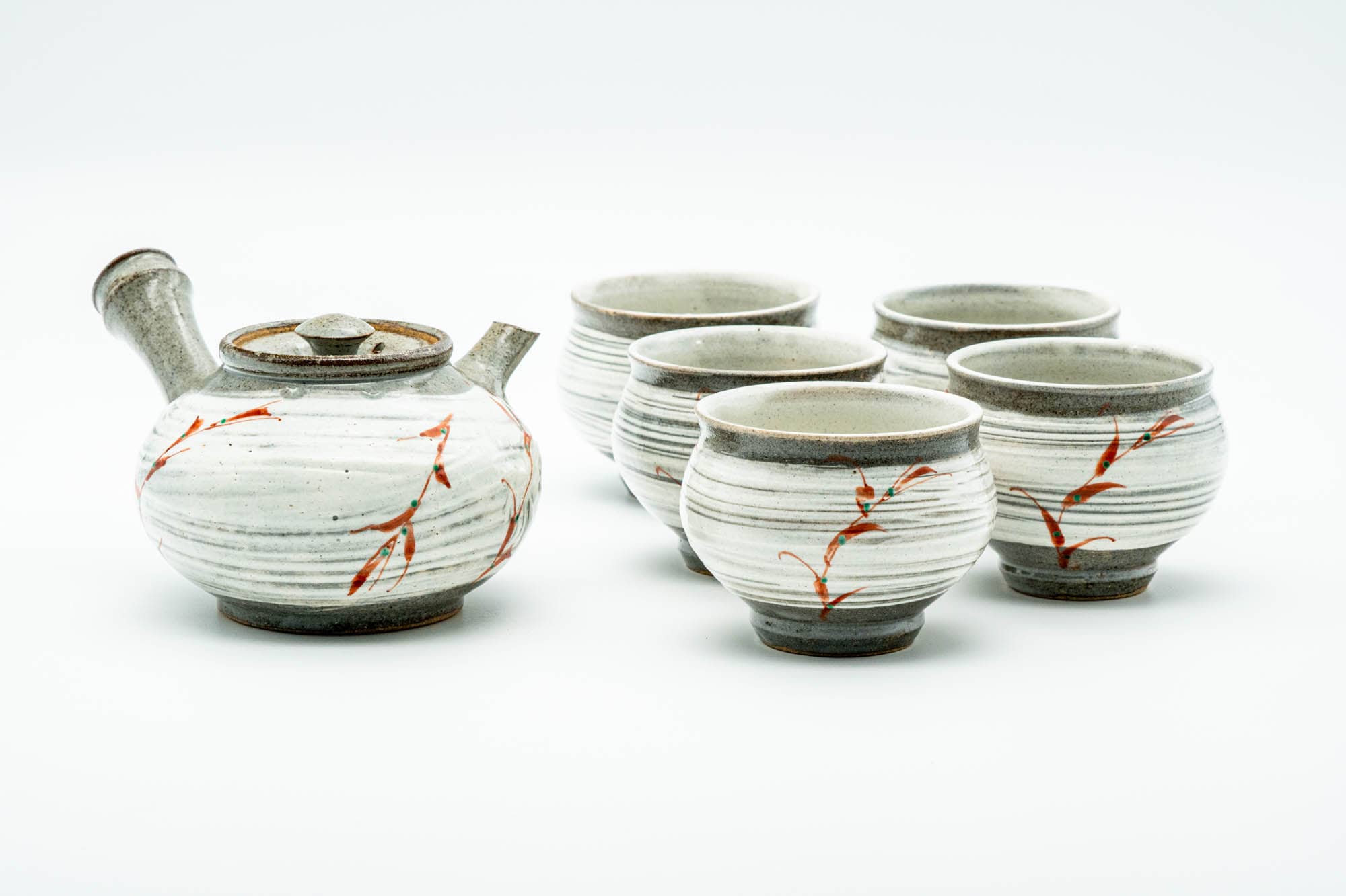 Japanese Tea Set - Grey White Hakeme Brush Glazed Kyusu Teapot with 5 Yunomi Teacups