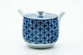 Japanese Kyusu - Blue Geometric Tessellated Arita-yaki Porcelain Teapot - 350ml - rear three-quarter view with the side handle extended