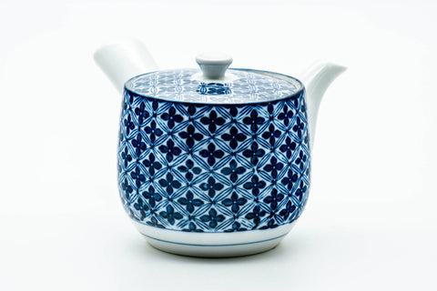 Japanese Kyusu - Blue Geometric Tessellated Arita-yaki Porcelain Teapot - 350ml - rear three-quarter view with the side handle extended