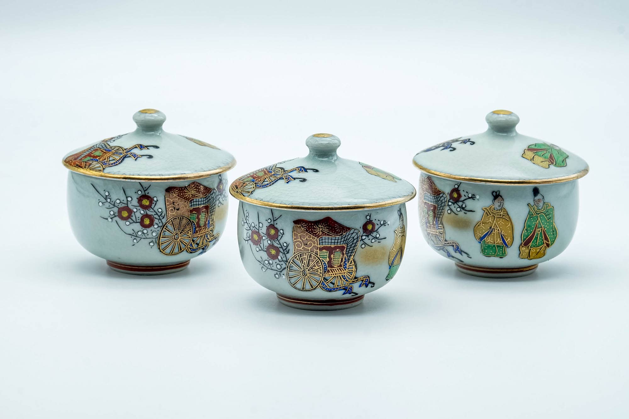 Japanese Tea Set - Villager Decorated Kutani-yaki Kyusu Teapot with 3 Lidded Yunomi Teacups