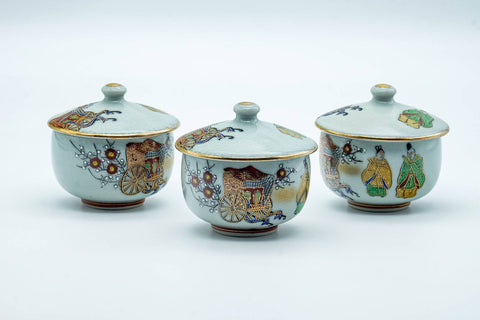 Tezumi — Japanese Tea Set - Villager Decorated Kutani-yaki Kyusu Teapot with 3 Lidded Yunomi Teacups — closeup of a single piece