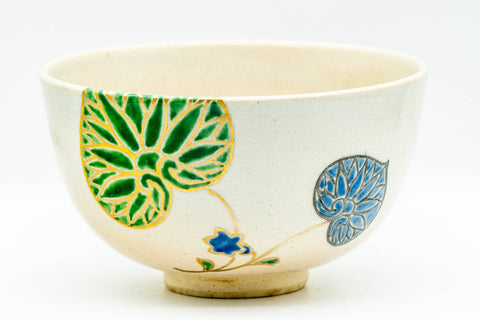 Japanese Matcha Bowl - Gold Green Leaves Kyo-yaki Chawan - 300ml