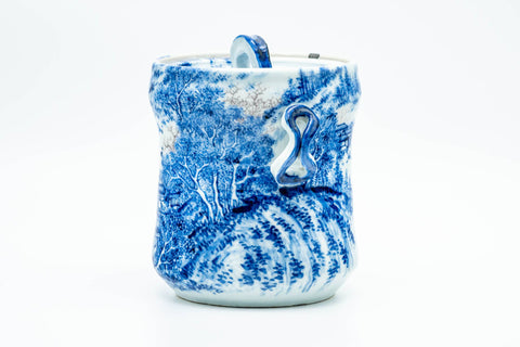 Japanese Mizusashi - Blue Kanji Mountainous Porcelain Fresh Water Container - 1100ml - side view of the blue-and-white decoration