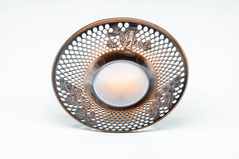 Japanese Chataku - Set of 5 Perforated Copper Matsu Take Ume Tea Saucers in Wooden Box
