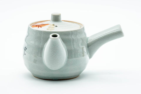 Japanese Kyusu - Red Bamboo Motif Kutani-yaki Porcelain Teapot - 370ml - rear three-quarter view with the side handle extended