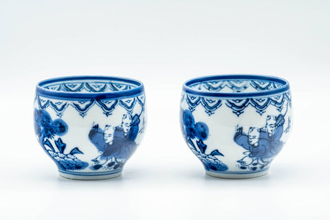 Japanese Teacups - Pair of Playful Villagers Arita-yaki Yunomi - 130ml - front view of the matching pair