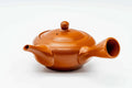 Red shudei Tokoname kyusu, side profile with the spout to the left and handle to the right